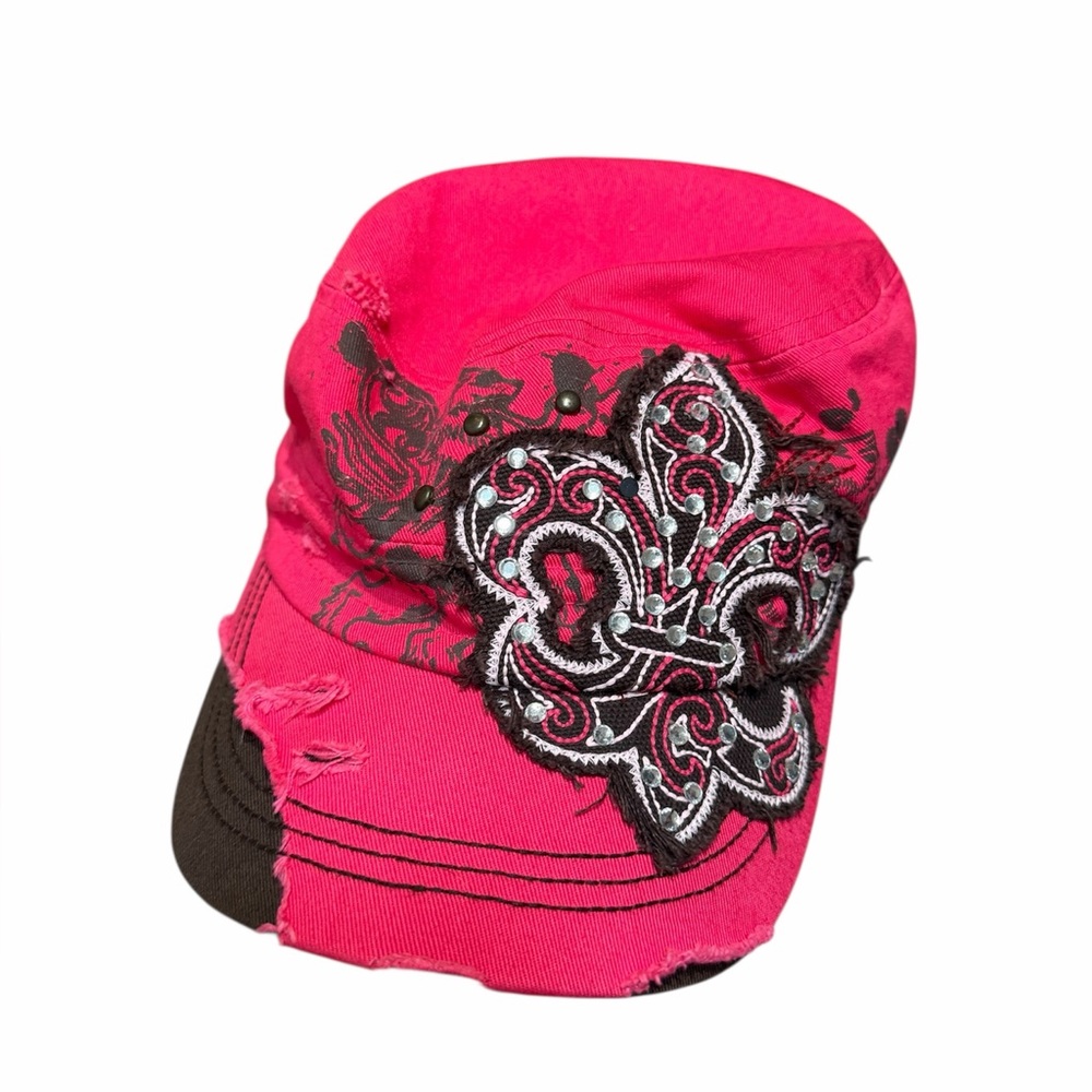 Vintage Y2K Leader Pink Embellished Cadet Cap | Studded Fleur De Lis Hat